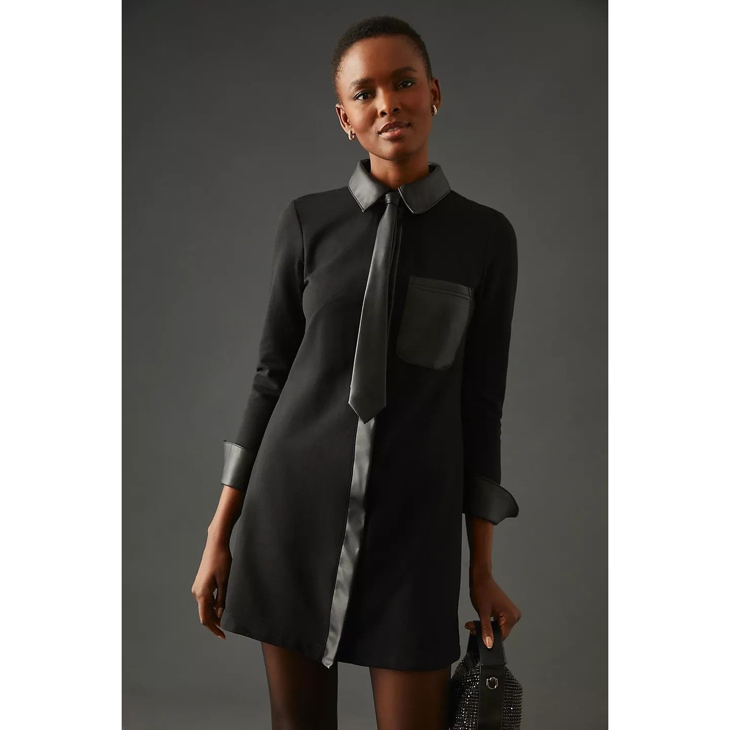 Anthropologie New Anthropologie Maeve Faux Leather Neck Tie Shirt Dress Size XS / US 0-2 / IT 36-38 - 1 Thumbnail