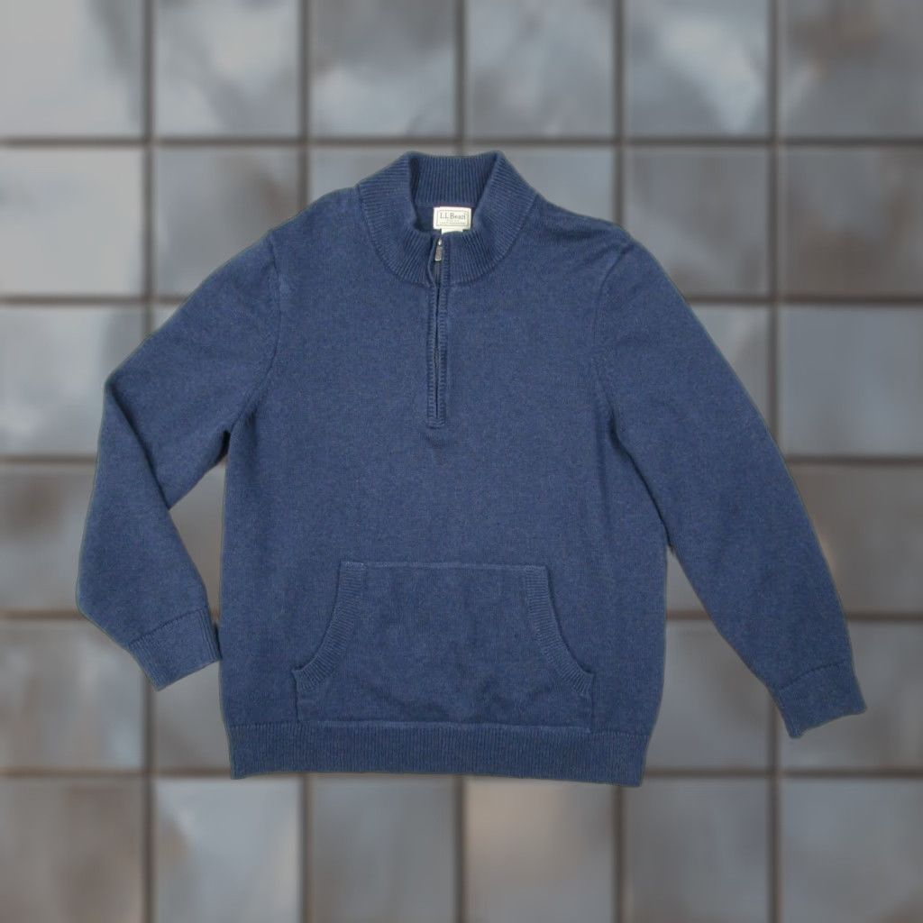 LL Bean Sweater Mens Large Blue 1/4 Zip Pullover Kangaroo Pocket Cotton Cashmere Blend Knit - Casual Workwear Travel - Regular Fit Mens