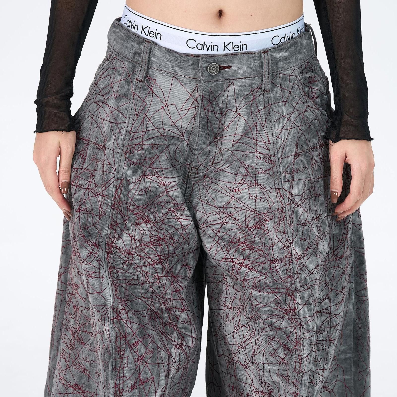 Vintage Gray Wide Leg Baggy Pants, Artistic Pattern Trousers Size 32" / US 10 / IT 46 - 4 Thumbnail
