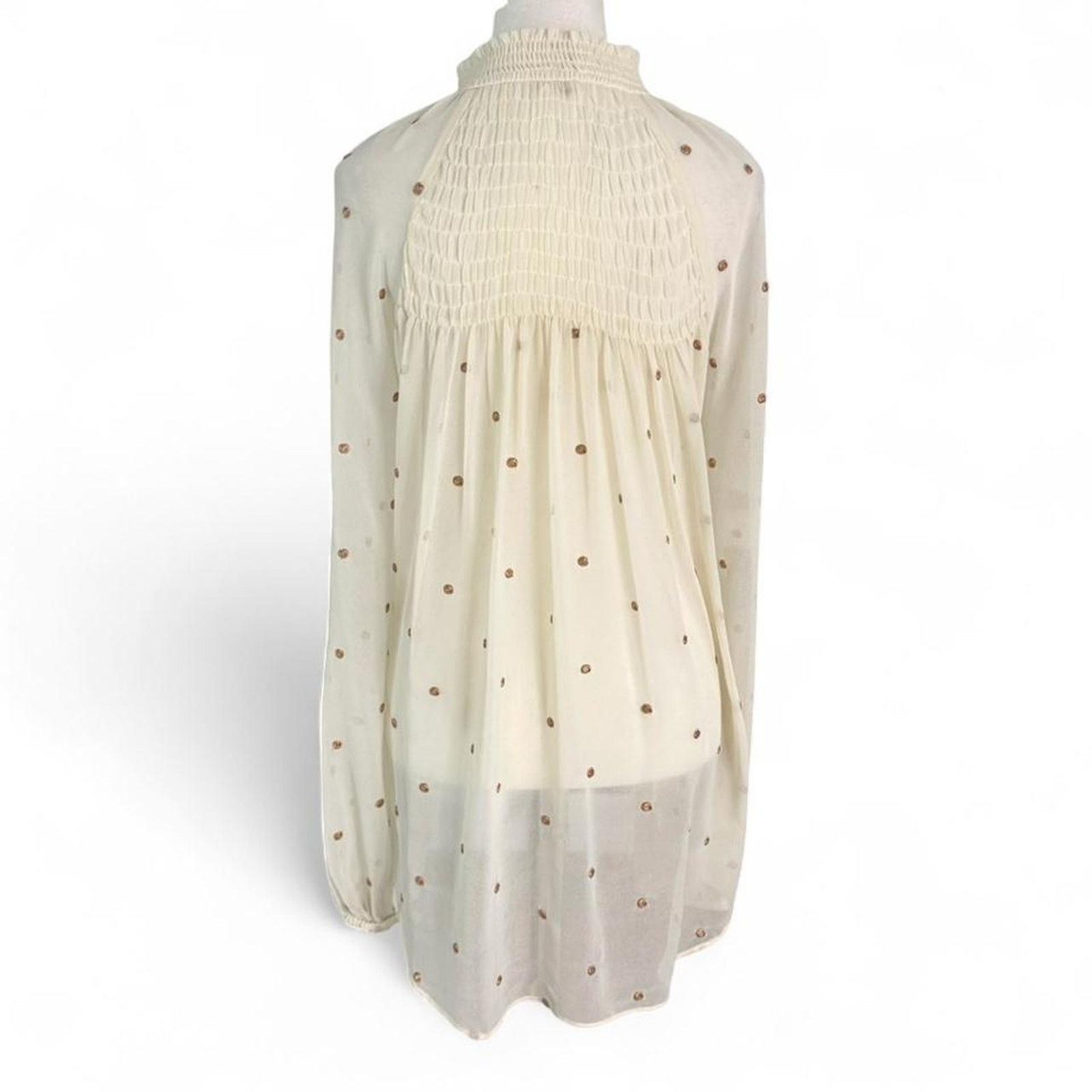 Free People Free People Ready to Run Dot Smocked Blouse Top Cream Sheer Size L / US 10 / IT 46 - 2 Thumbnail