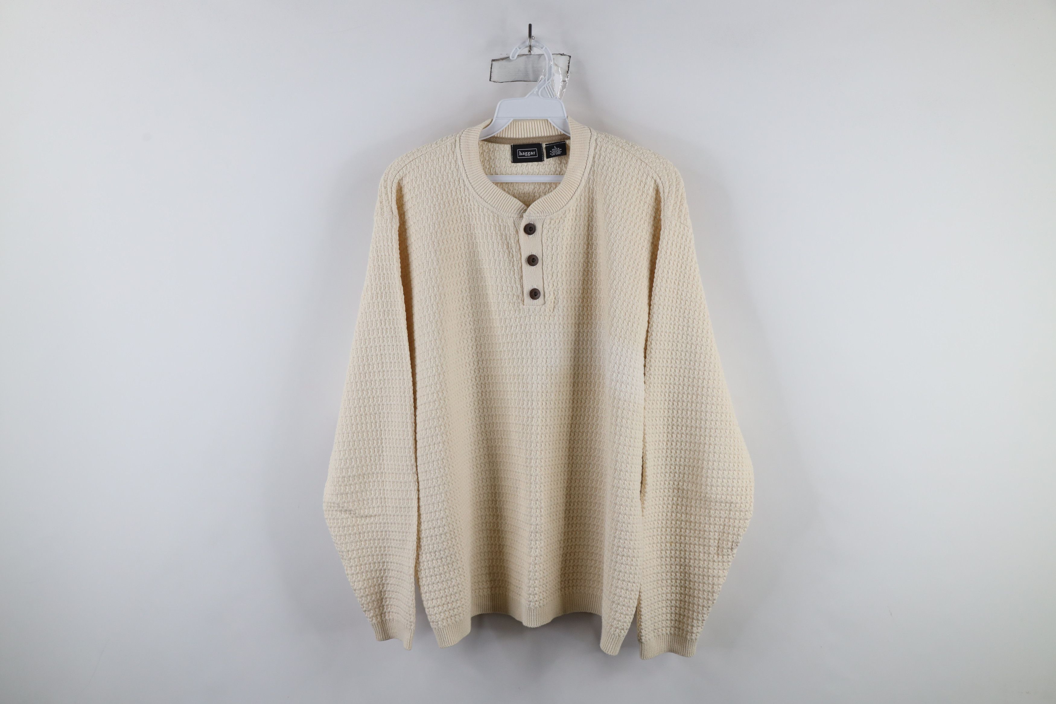 Vintage Vintage 90s Streetwear Cotton Knit Henley Sweater Cream Size US L / EU 52-54 / 3 - 1 Thumbnail