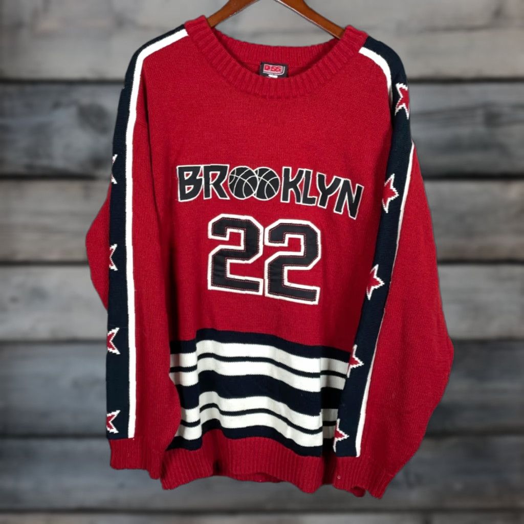 Vintage VINTAGE Diss Brooklyn Sweater Men's Large Heavyweight Embroidered 90s Red Knit Pullover Oversized Casual Fall Winter Size US L / EU 52-54 / 3 - 1 Thumbnail