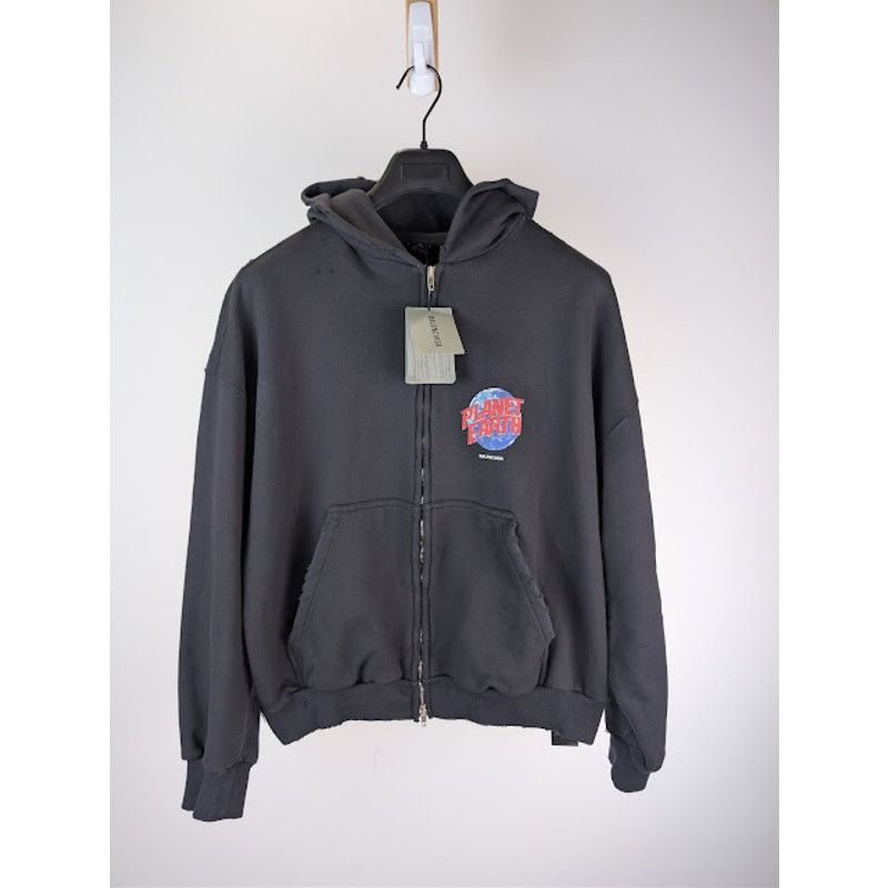 Balenciaga o1rshd1 Planet Earth Molleton Arch Zip-Up Hoodie in Black Size US M / EU 48-50 / 2 - 2 Thumbnail