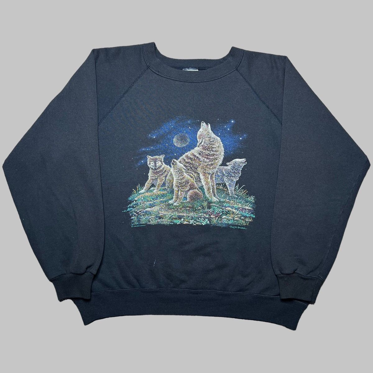 Vintage 80s Wolf Pack Howling Under Moon Nature Pullover Sweatshirt Size US XL / EU 56 / 4 - 1 Thumbnail