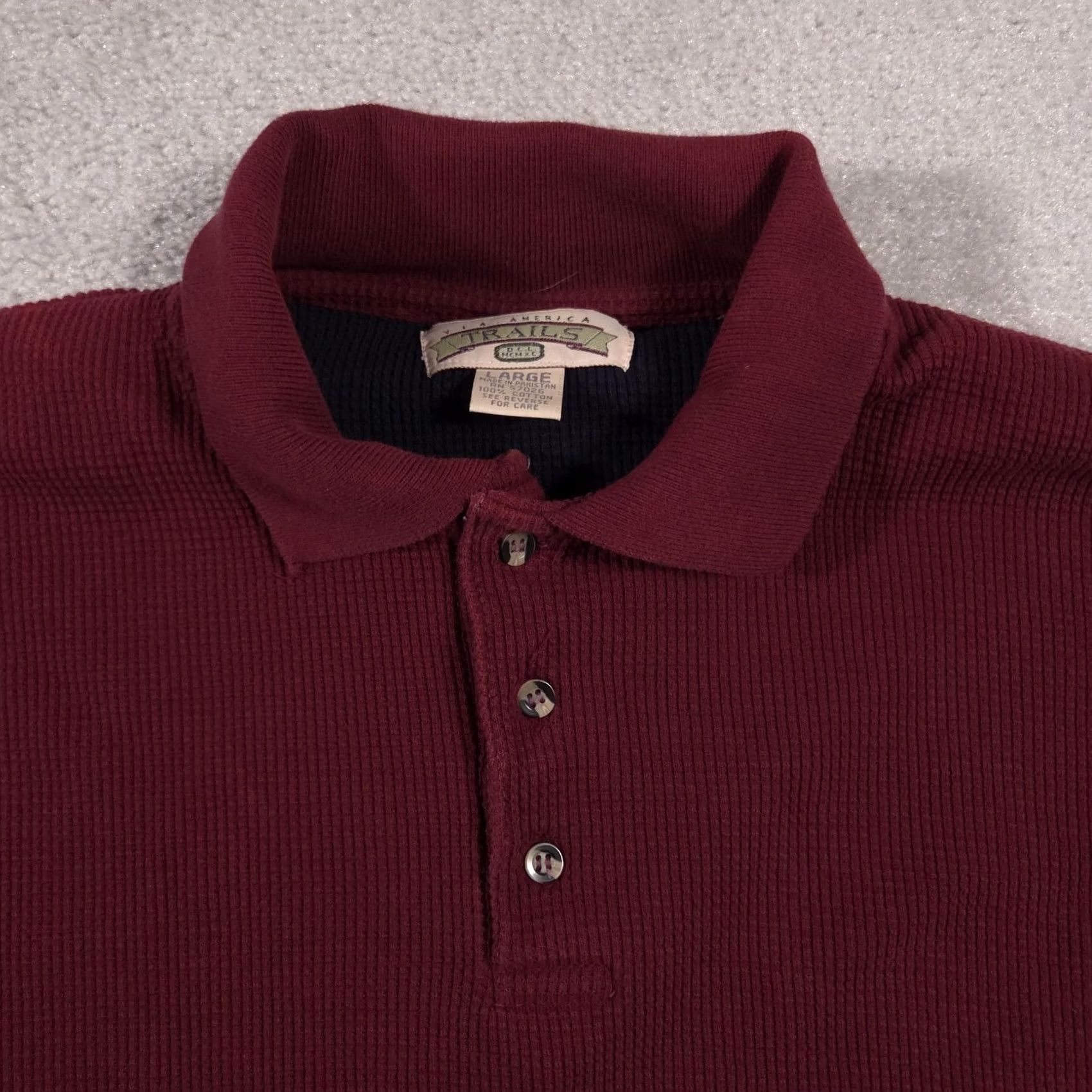 Rails VIA AMERICA TRAILS Polo Shirt Mens Large Maroon Long Sleeve Waffle Knit Thermal Polo Shirt Mens L Maroon Size US L / EU 52-54 / 3 - 4 Thumbnail