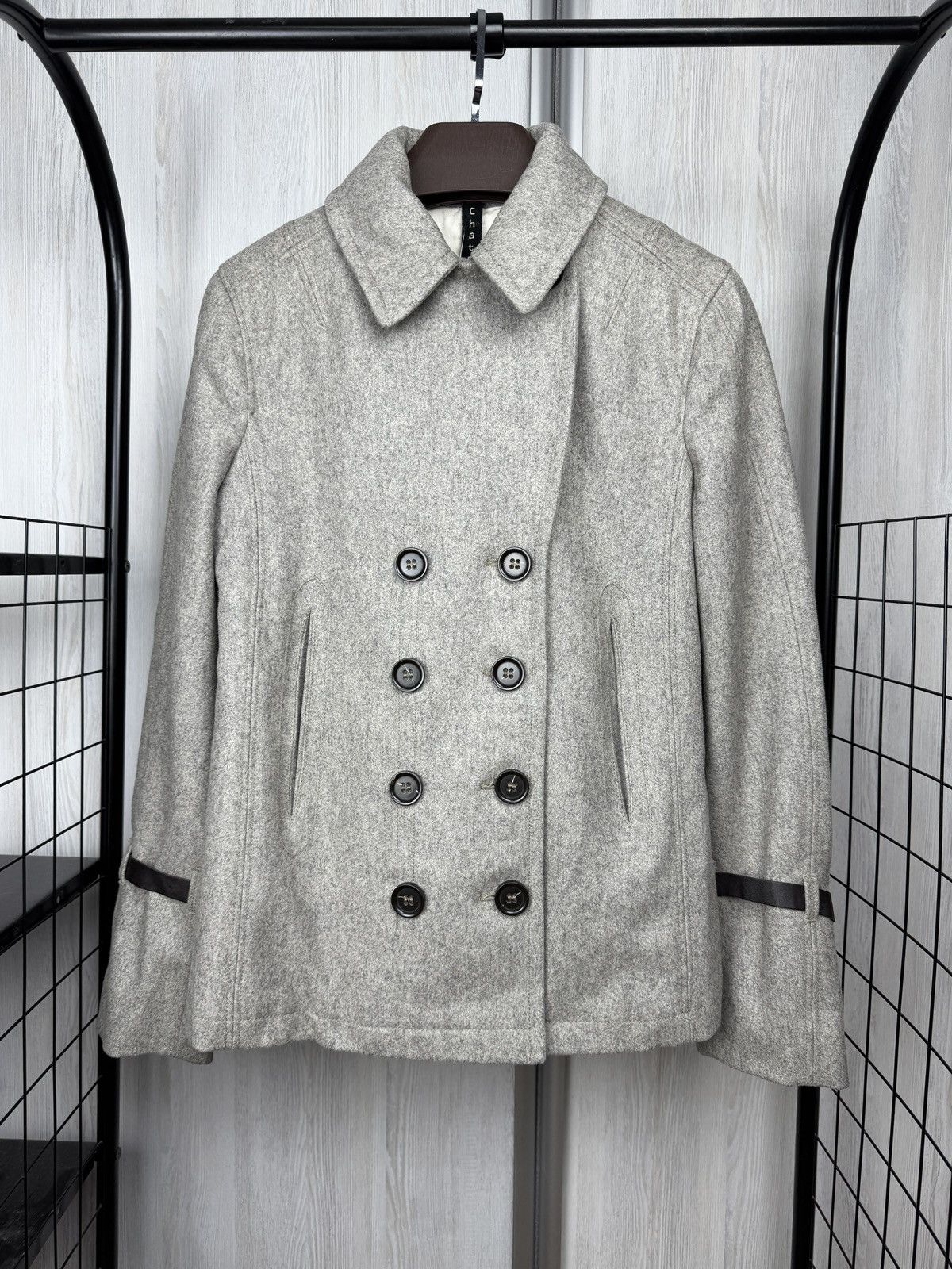Other ChatCwin Grey Wool Double-Breasted Coat leather trim size 46 Size L / US 10 / IT 46 - 7 Thumbnail