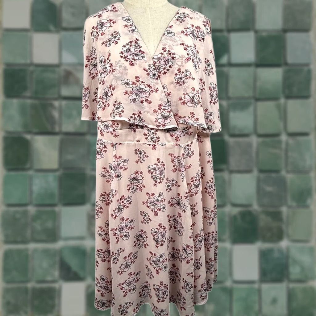 Torrid Torrid Pink Floral Dress 22 Capelet Overlay Chiffon Romantic Plus Size Midi Dress Flutter Sleeve V-Neck Zipper Womens Size 3XL / US 20-22 - 1 Thumbnail