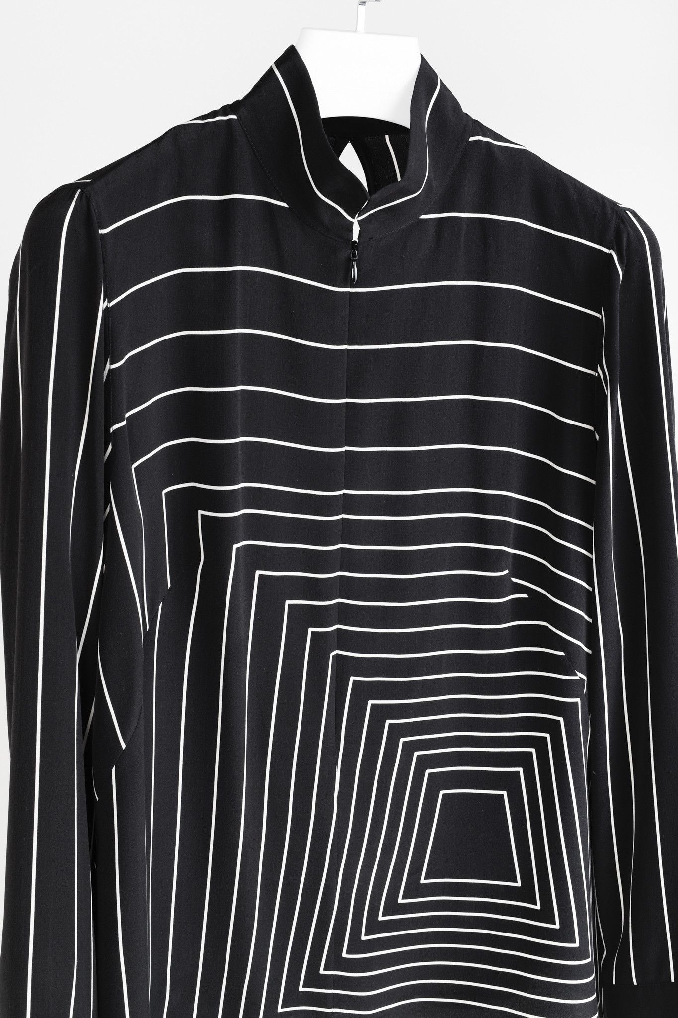 Akris Akris Black Taupe Geometric Stripes Zip-Front Silk Blouse Size L / US 10 / IT 46 - 3 Thumbnail