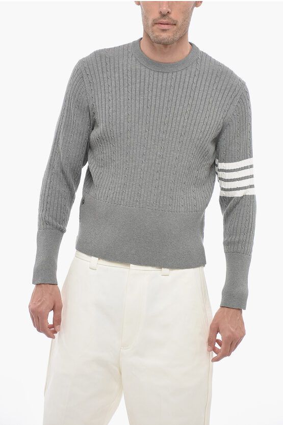 image of Thom Browne Crew Neck Baby Cable Aran Cotton Sweater in Grey, Men's (Size Large)