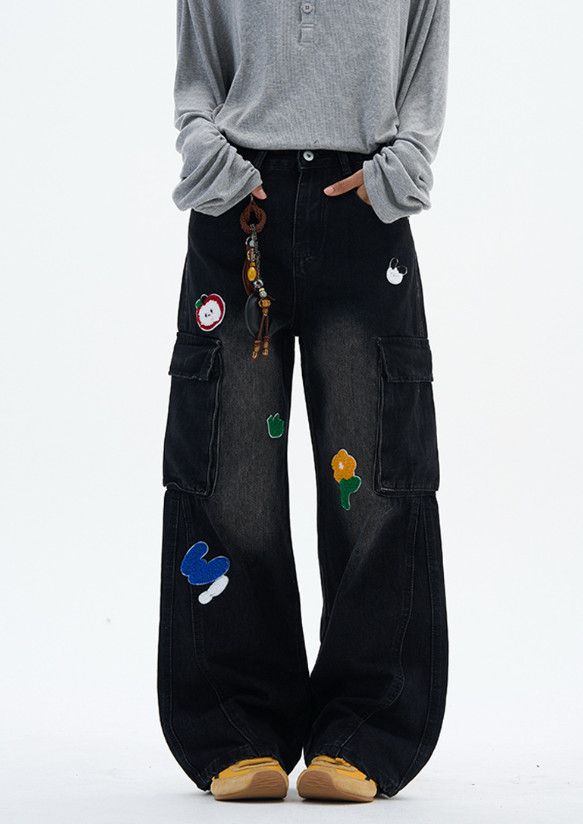 Japanese Brand Retro men's loose distressed embroidered patchwork jeans Size US 32 / EU 48 - 1 Thumbnail