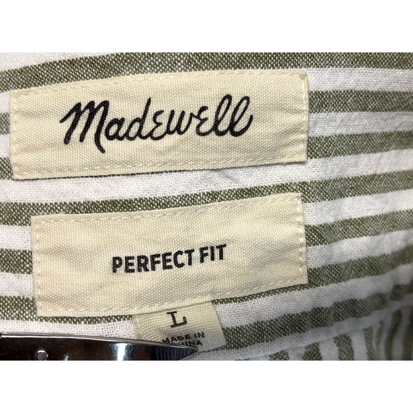 Madewell Madewell Linen Blend Collarless Button-Up Shirt Women's Size L White Green Striped Coastal Size L / US 10 / IT 46 - 6 Thumbnail