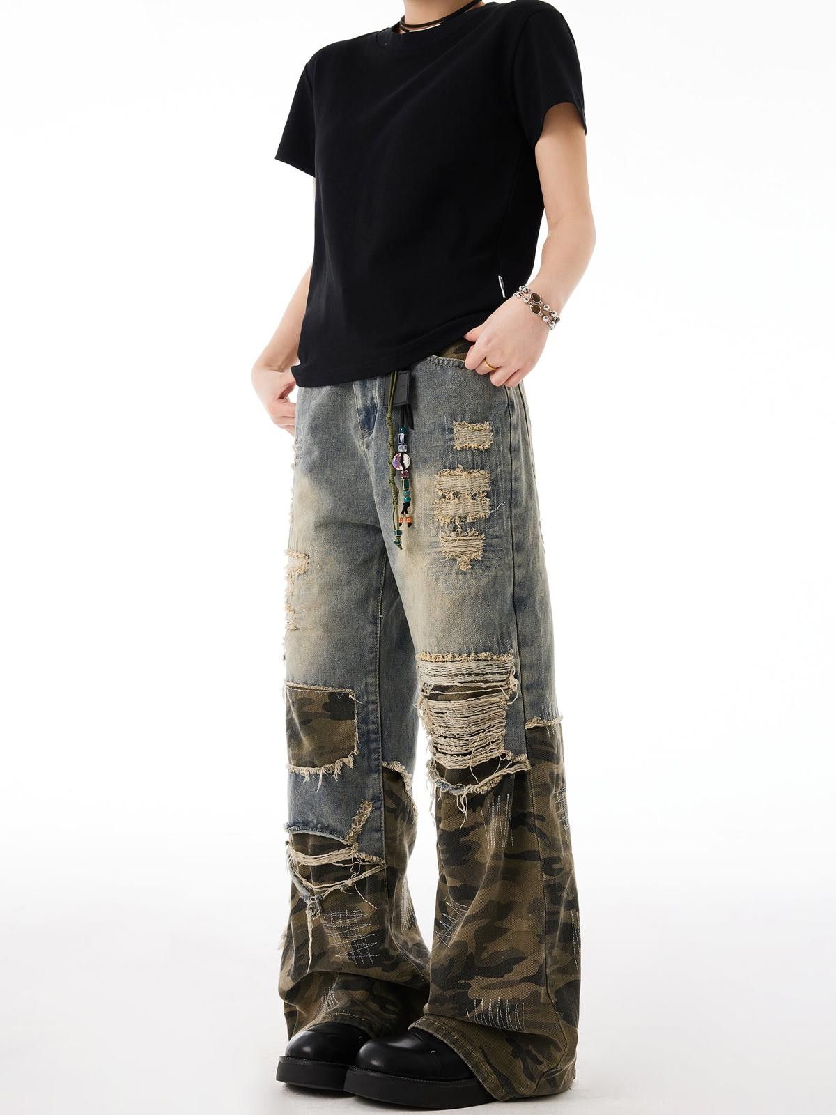Vintage Camouflage Patchwork Distressed Jeans Size US 31 - 3 Thumbnail