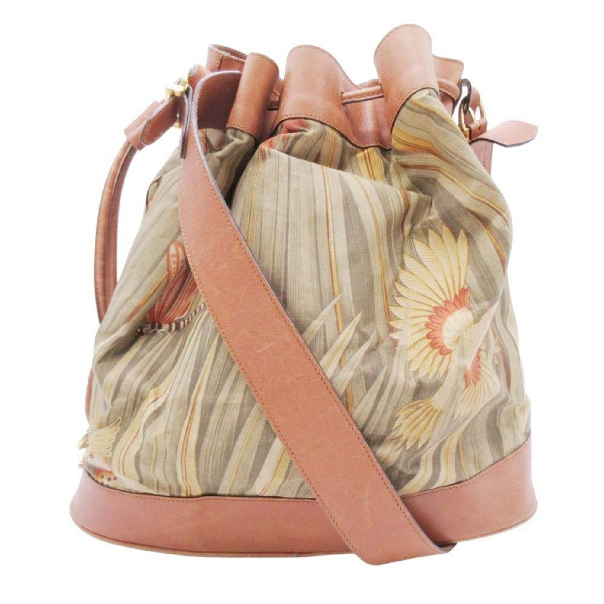 Salvatore Ferragamo Drawstring Shoulder Bag Handbag All-Over Botanical Pattern Brown X Green Women's