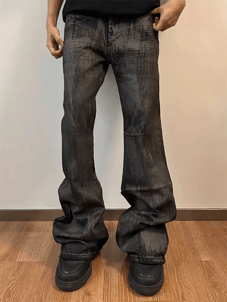 パンツ no mass prod 01GLM flare jeans No Mass Prod 02 “GLEAM” Flared Jeans Black Waxed Denim - Denim
