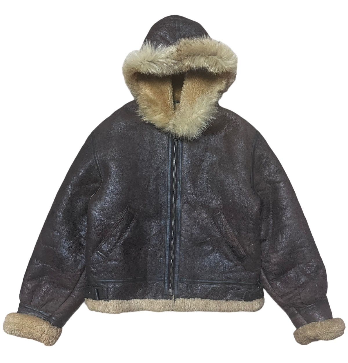 Pre-owned Japanese Brand B-3 Fur Hoodie Leather Bomber Jacket In Brown