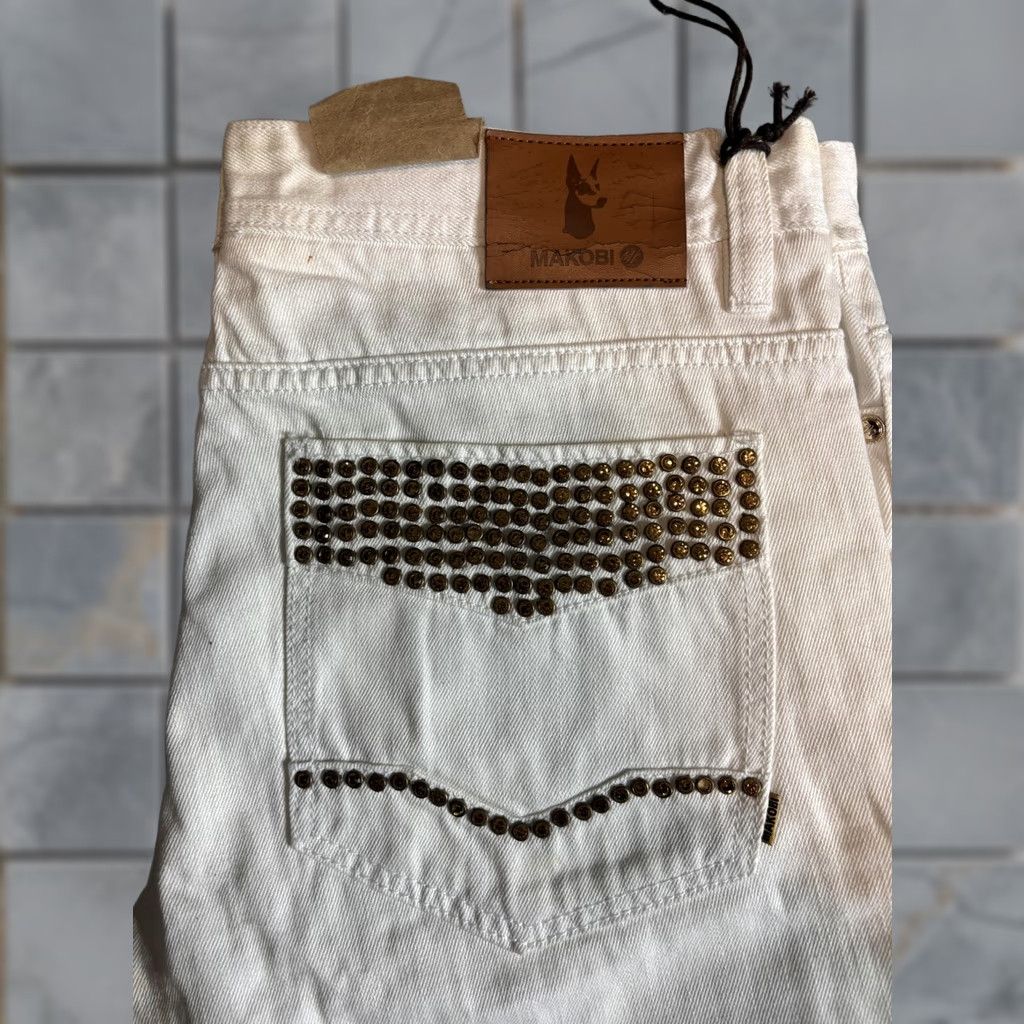 Denime Makobi Jeans Mens 34x32 White Slim Tapered Biker Studded Moto Denim Pants M1790 Size US 34 / EU 50 - 1 Thumbnail
