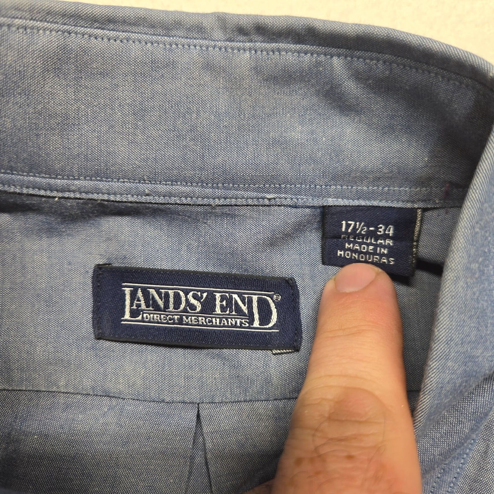 Lands' End Lands' End Shirt Men's Button-Down Solid Blue Long Sleeve 17.5 34 Size 17.5 Adult Regular Cotton Classic Fit Mens Size US XL / EU 56 / 4 - 3 Thumbnail