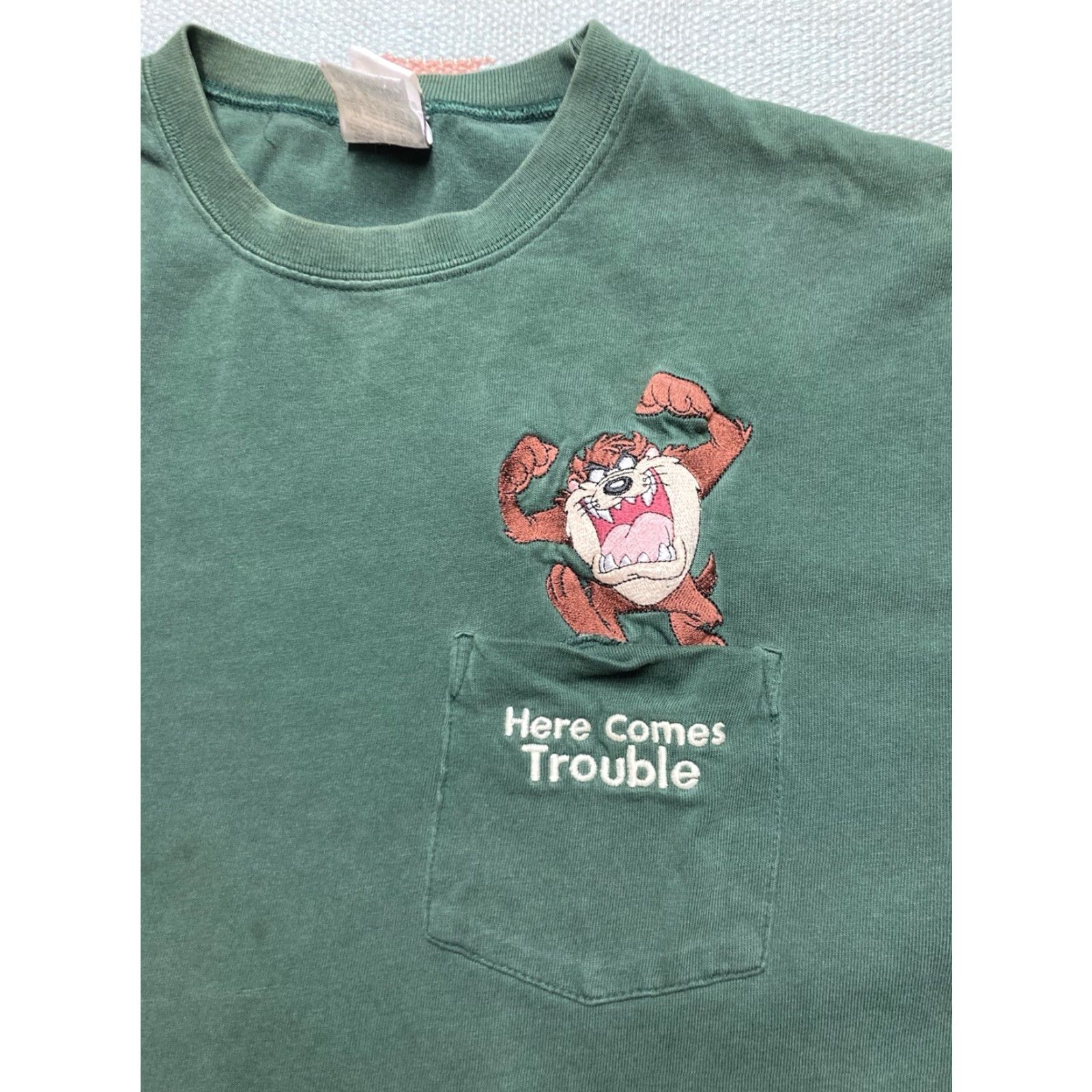 Hereu VINTAGE 90s Taz Pocket T Shirt Looney Tunes Cartoon Here Comes Trouble Medium Shirt Mens M Green Size US M / EU 48-50 / 2 - 3 Thumbnail