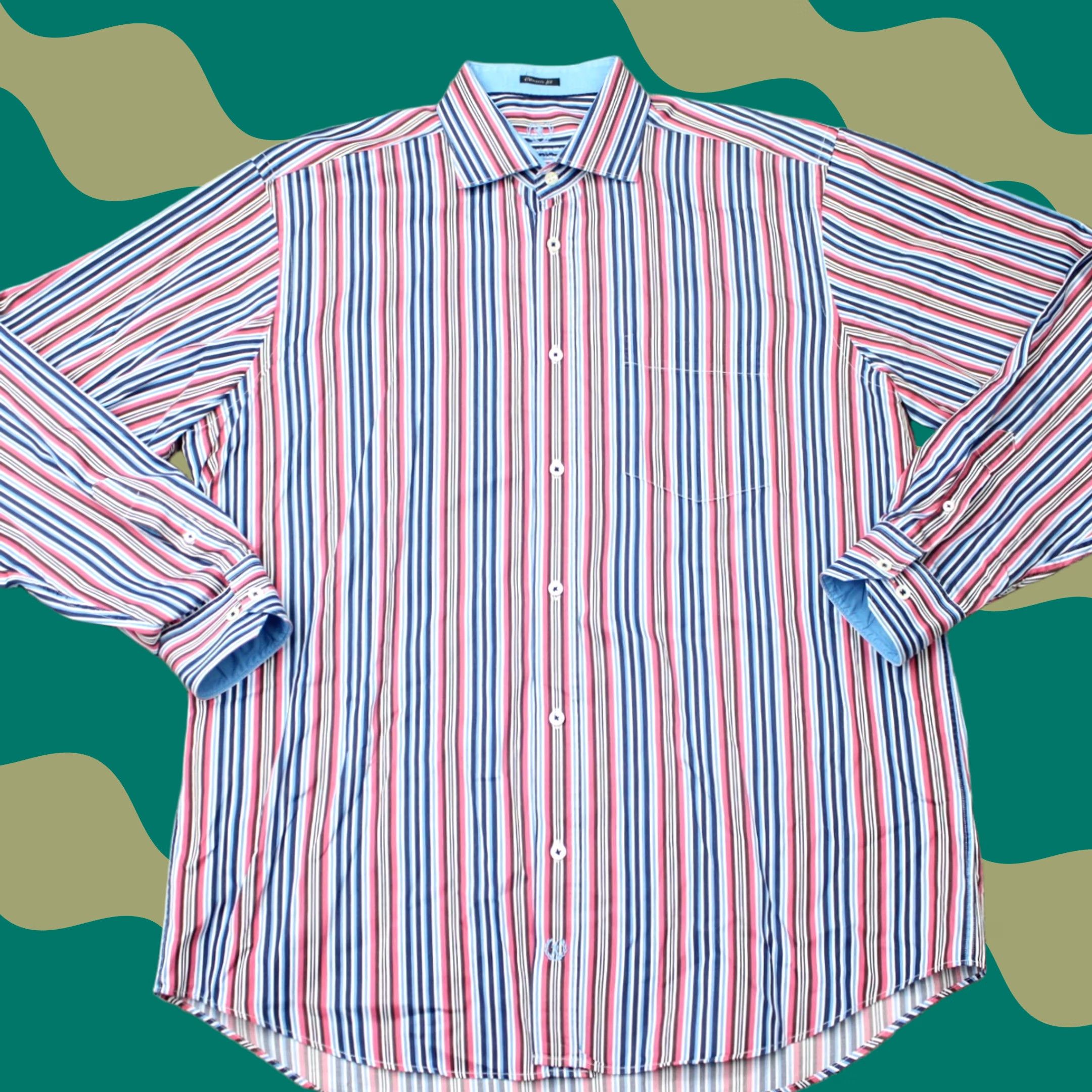 BUGATCHI Bugatchi Uomo Shirt Mens XL Pink/Blue Classic Fit Button-Up Long Sleeve Cotton Stripe Size US XL / EU 56 / 4 - 1 Thumbnail