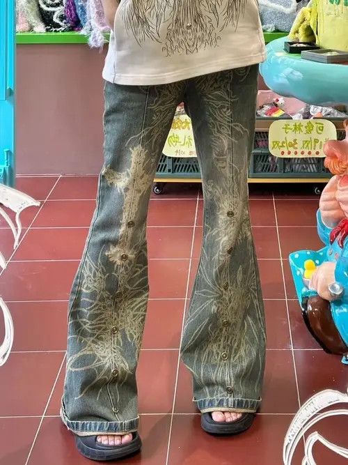 Washed Old Big Print Flare Jeans Retro