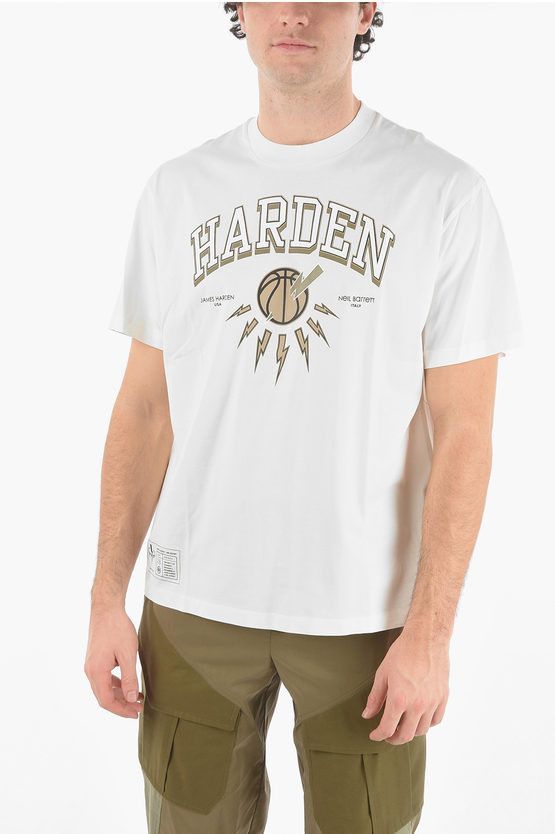 image of James Harden X Neil Barrett Crew Neck Printed Logo T-Shirt in Beige, Men's (Size 2XL)