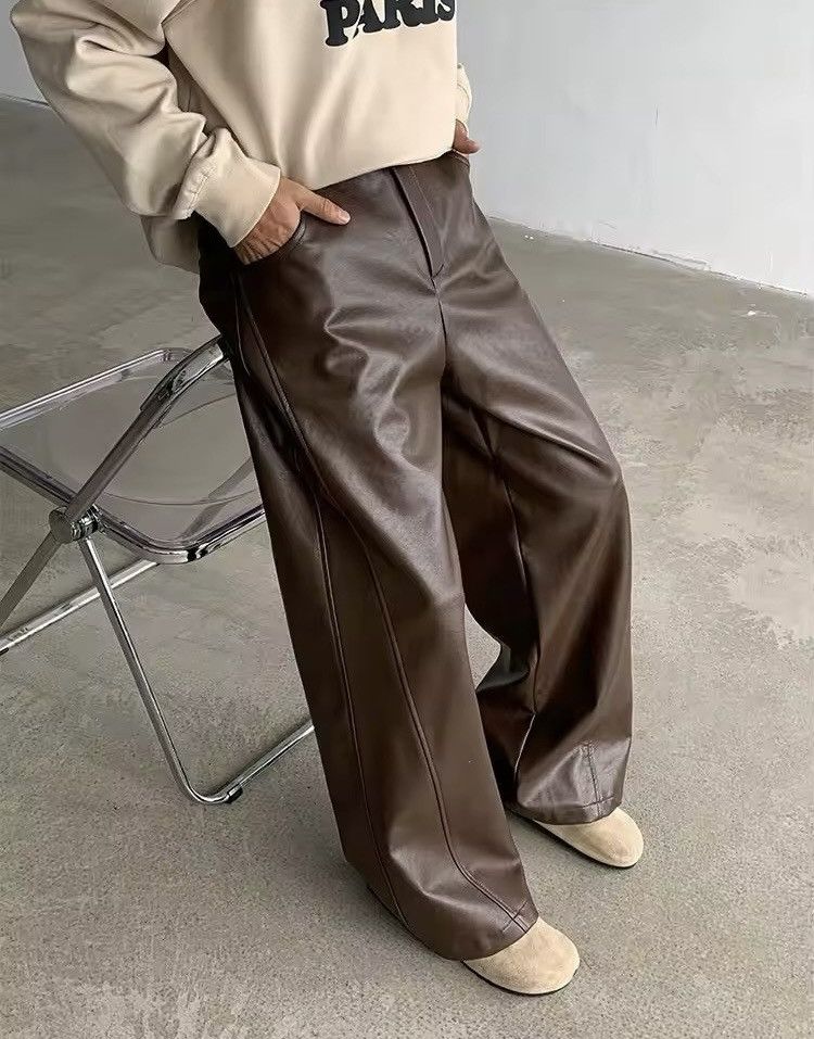 Japanese Brand × Jean Streetwear Casual Pu Leather Straight Wide Leg Trousers Size US 33 - 5 Thumbnail