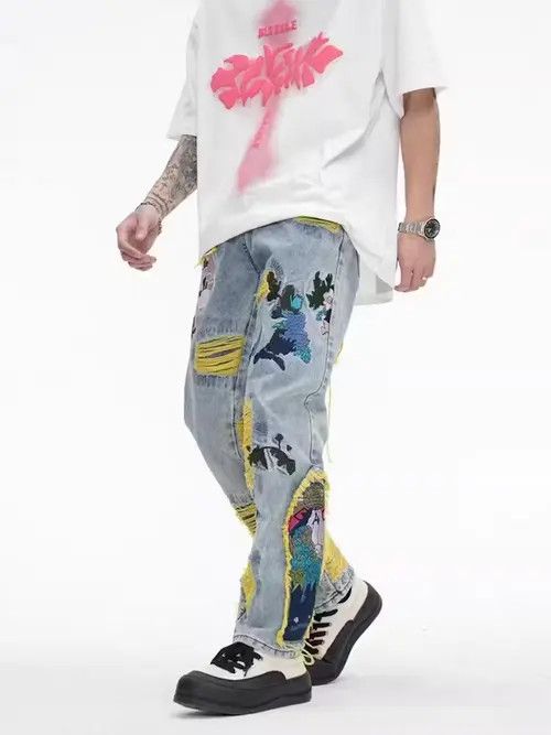 VIBE Retro heavy embroidery ripped washed distressed jeans Size US 31 - 6 Thumbnail