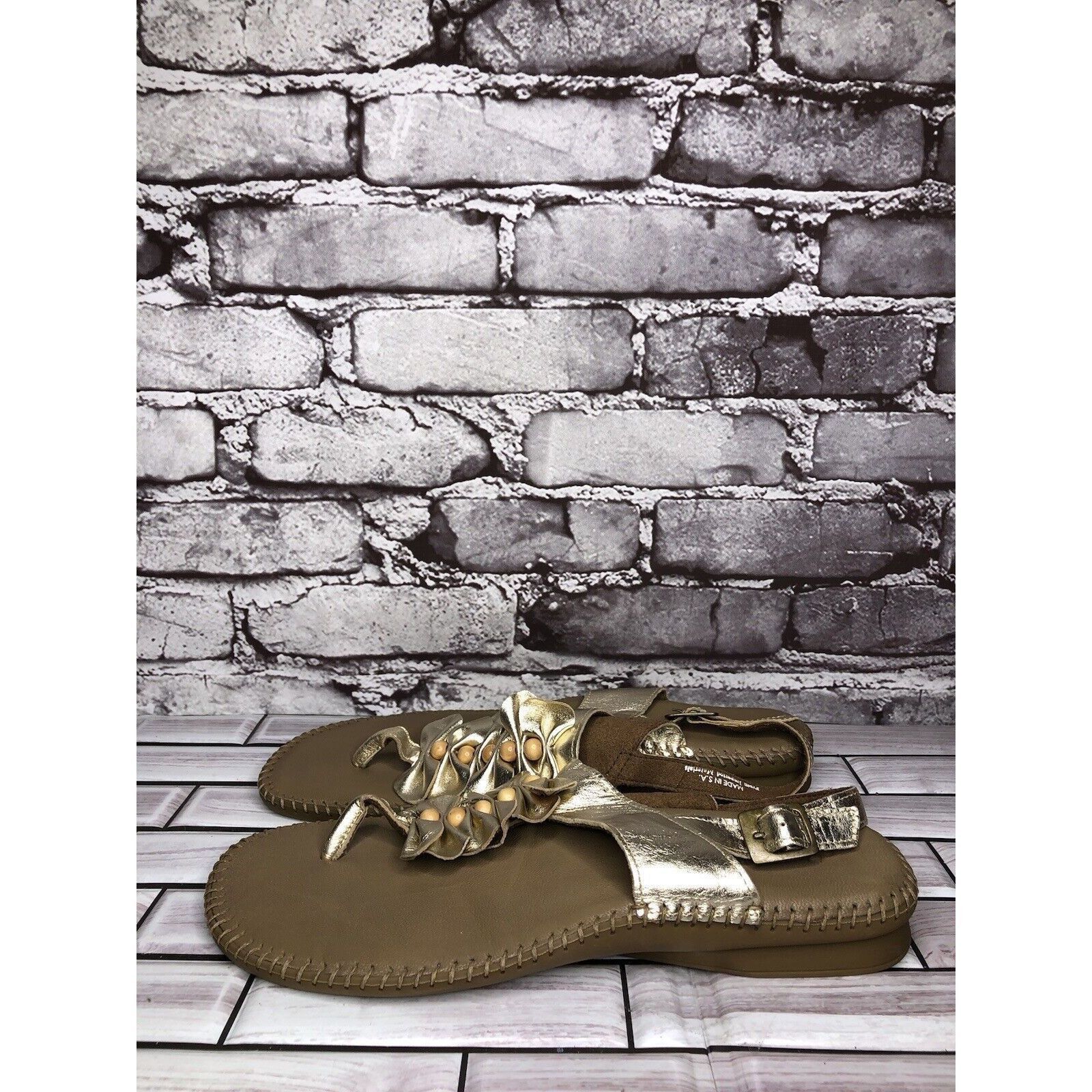 LITTLE AFRICA Soul of Africa Brown Leather Flower Ruffle Slingback Sandals Size US 11 / IT 41 - 18 Thumbnail