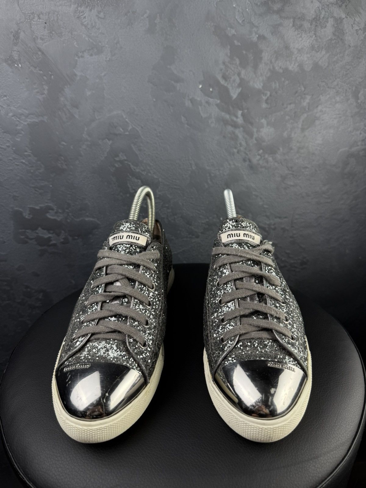 Miu Miu Miu Miu Metallic Grey Glitter Low Top Sneakers Size 38.5 Size US 8 / IT 38 - 3 Thumbnail