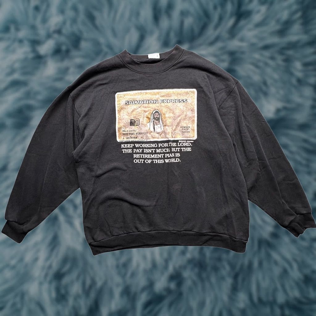 TEE JAYS VINTAGE Salvation Express Jesus Card Sweatshirt Men XL Black Graphic Print 80s 90s Tee Jays Mens Plain Pullover Crew Neck Size US XL / EU 56 / 4 - 1 Thumbnail