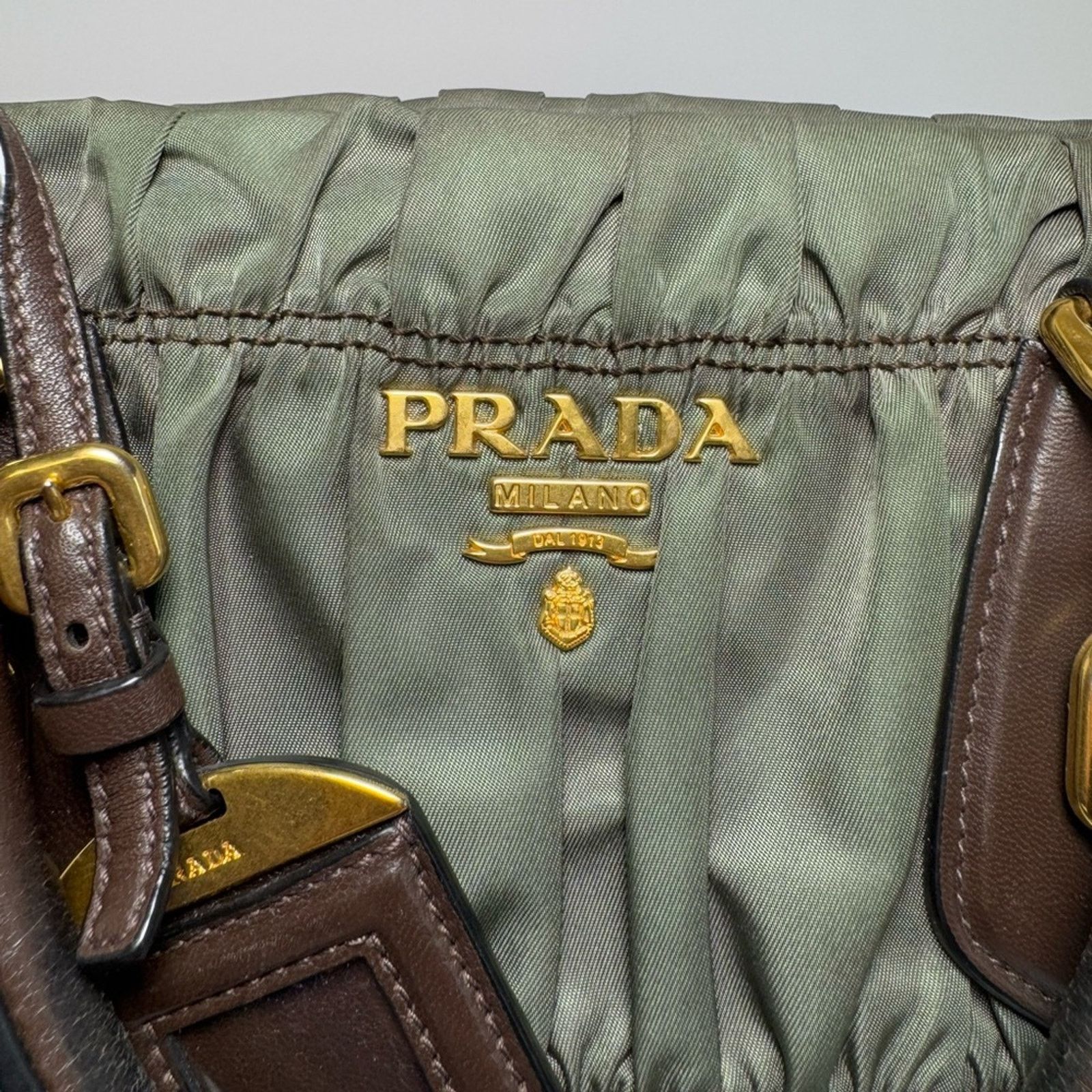 Prada Prada Tessuto Gaufre Olive Green & Brown Leather Satchel Size ONE SIZE - 7 Thumbnail