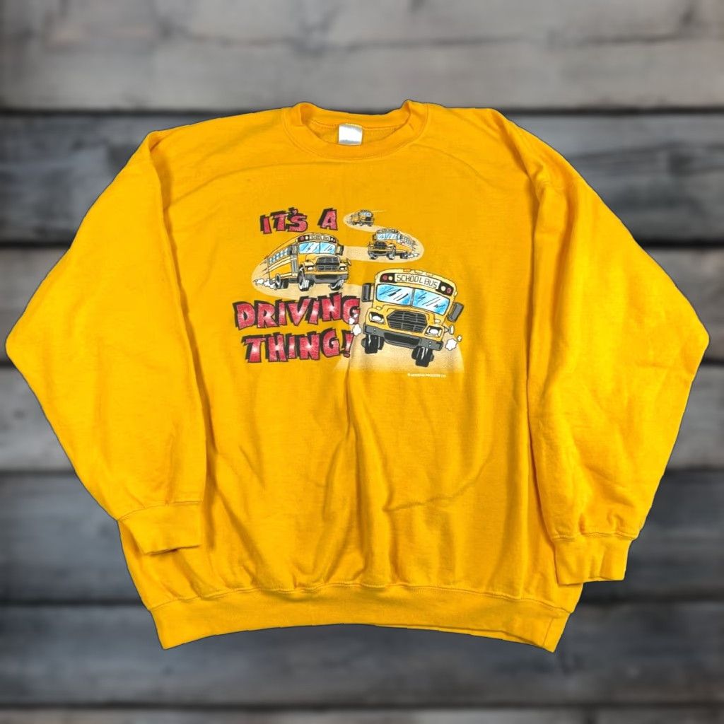 Vintage VINTAGE School Bus Graphic Sweatshirt Adult 2XL Yellow Heavyweight Retro Mens Size US XXL / EU 58 / 5 - 1 Thumbnail