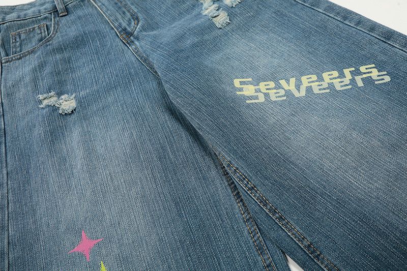 Jean American-style washed graffiti print ripped curved jeans Size US 32 / EU 48 - 4 Thumbnail