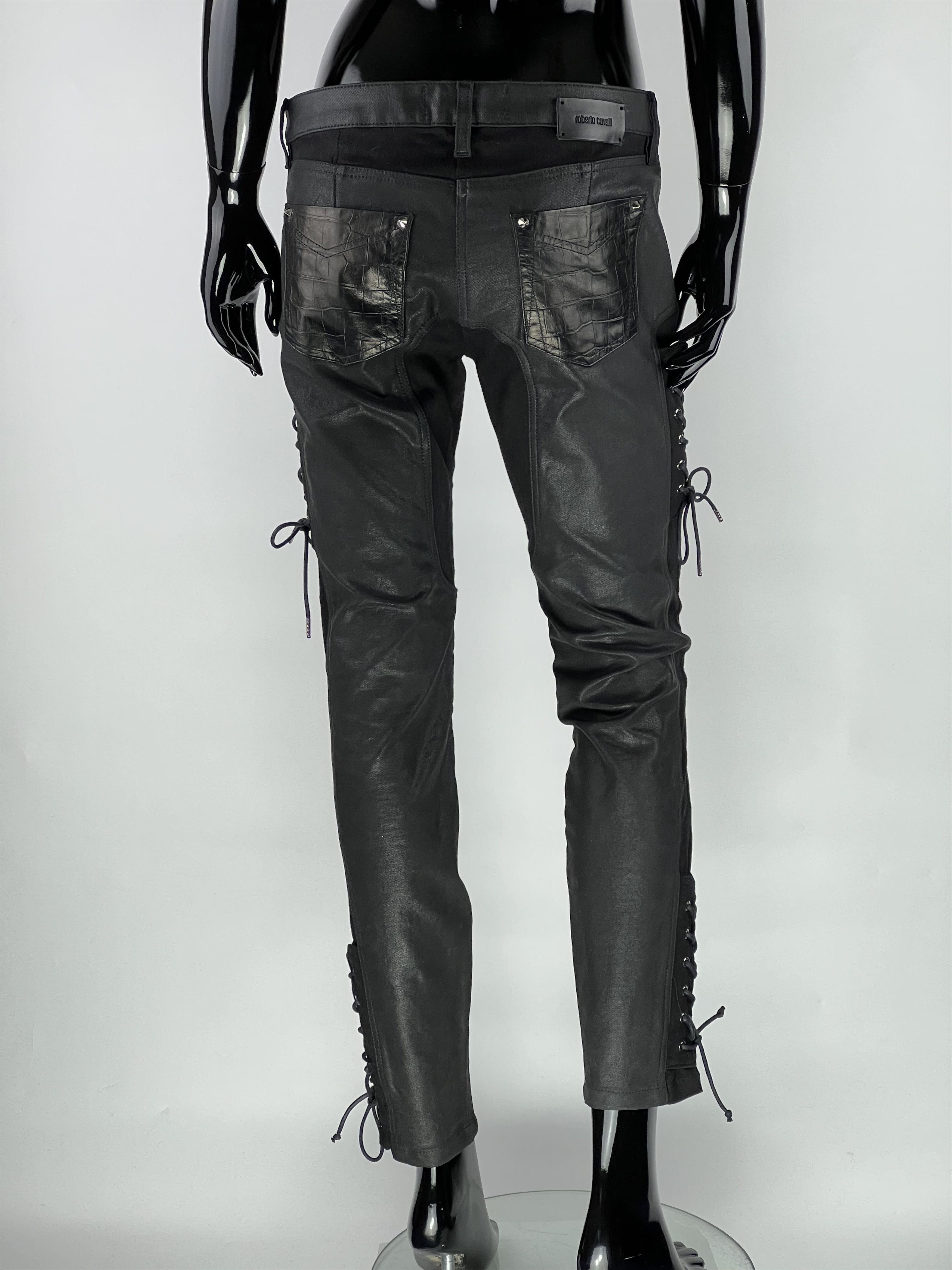 Roberto Cavalli Lace Up Leather Pockets Croco Print Waxed Pants Size IT42 Size 28" / US 6 / IT 42 - 3 Thumbnail