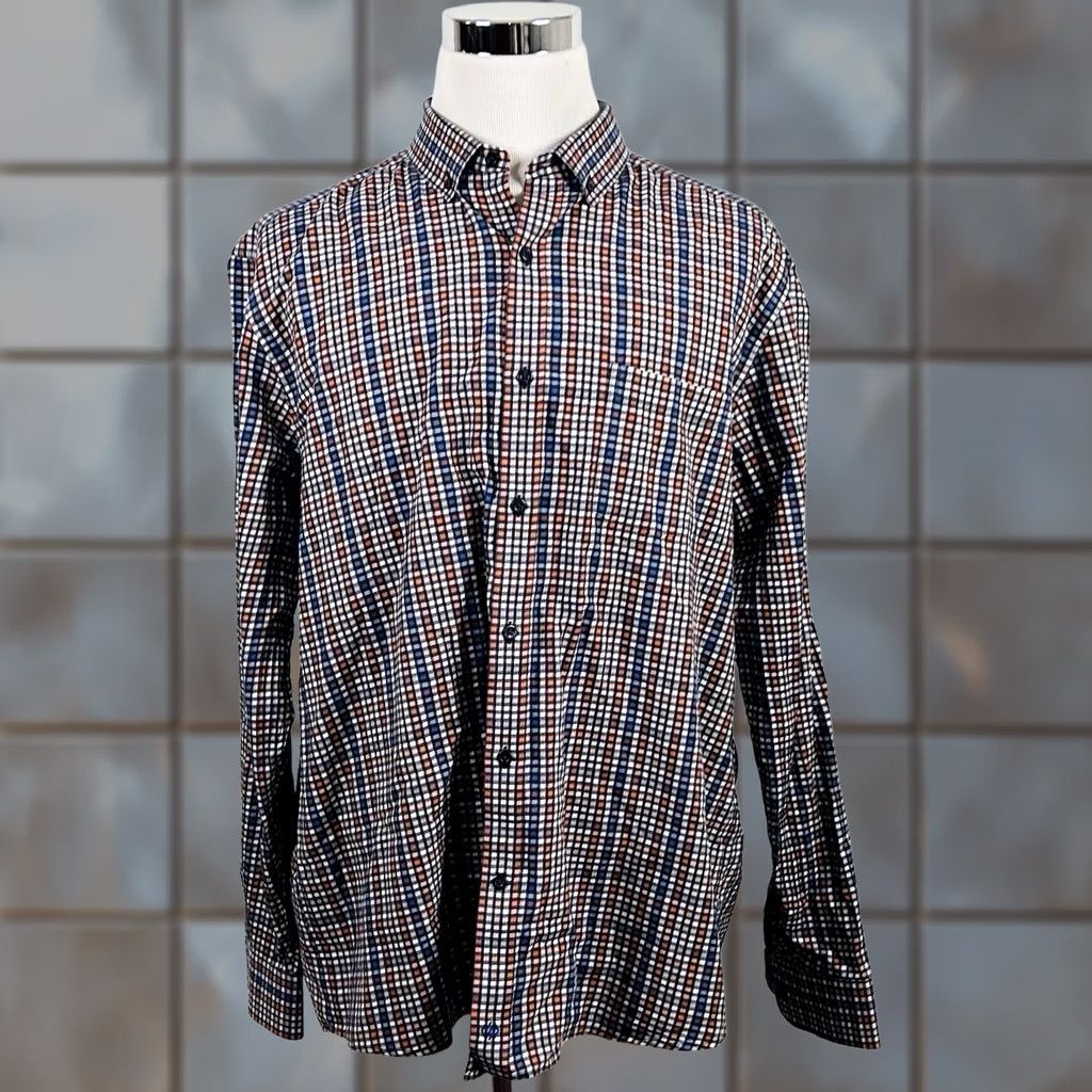 Johnston & Murphy Johnston & Murphy 2XL Casual Flip Cuff Shirt Blue Orange Plaid Cotton Shirt Men Regular Button-Front Collared Long Sleeve Size US XXL / EU 58 / 5 - 1 Thumbnail