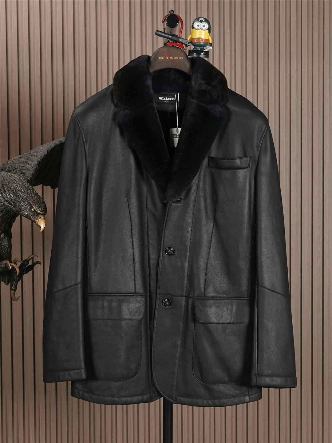 Kiton Black Shearling Leather Coat with Fur Collar Size US M / EU 48-50 / 2 - 1 Thumbnail