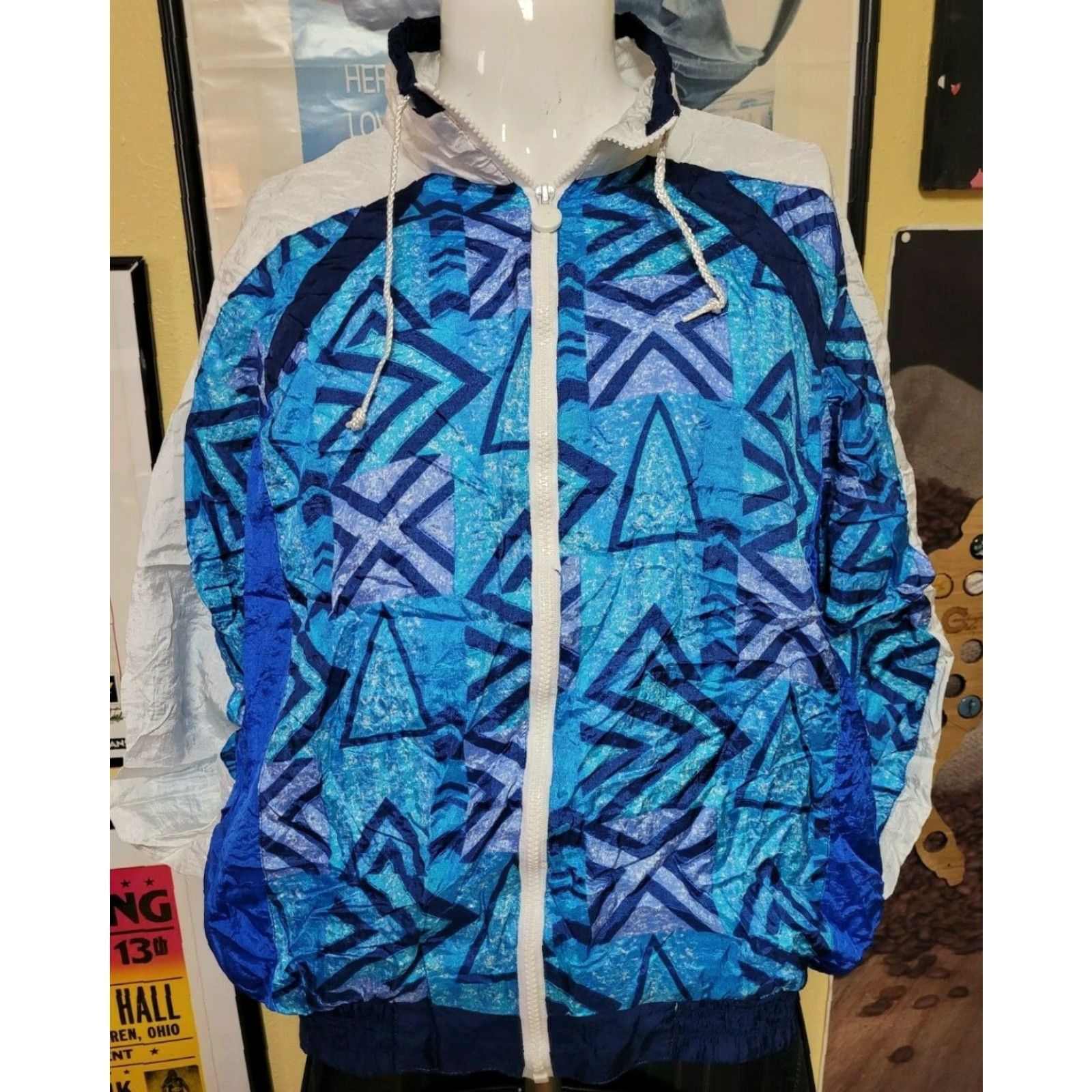 Vintage Womens Olympic Exposure Windbreaker Jacket 90s Blue Large Full Zip Nylon Geometric Windbreaker 90s Womens Size L / US 10 / IT 46 - 2 Thumbnail
