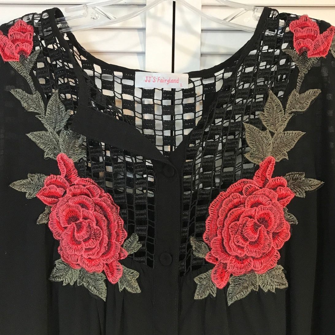 Other JJ’s Fairyland Black Floral Long Sleeve Tunic Blouse L Size L / US 10 / IT 46 - 5 Thumbnail