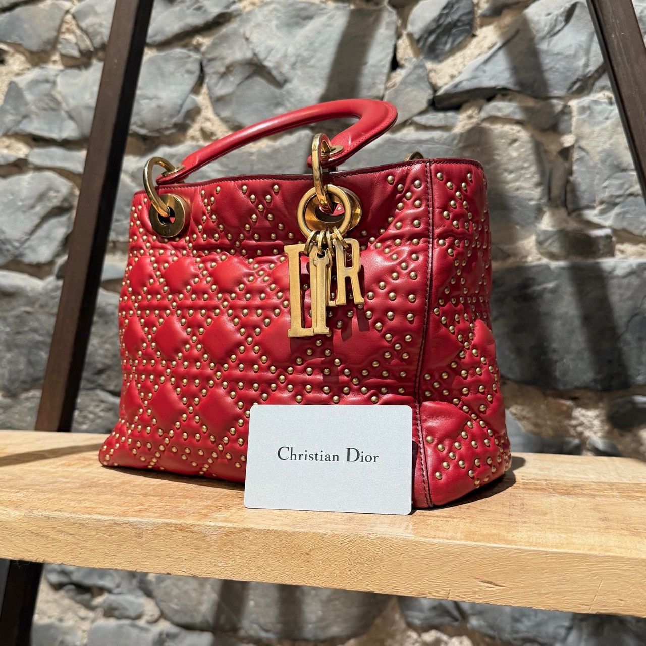 Dior Christian Dior Red Leather Gold Studded Medium Lady Dior Bag Size ONE SIZE - 23 Thumbnail