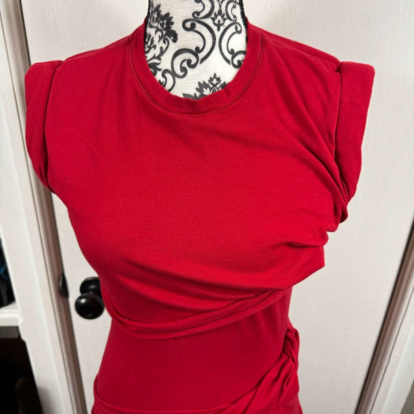 Carven Carven red bodycon ruched knee length cap sleeve dress. Si | Grailed