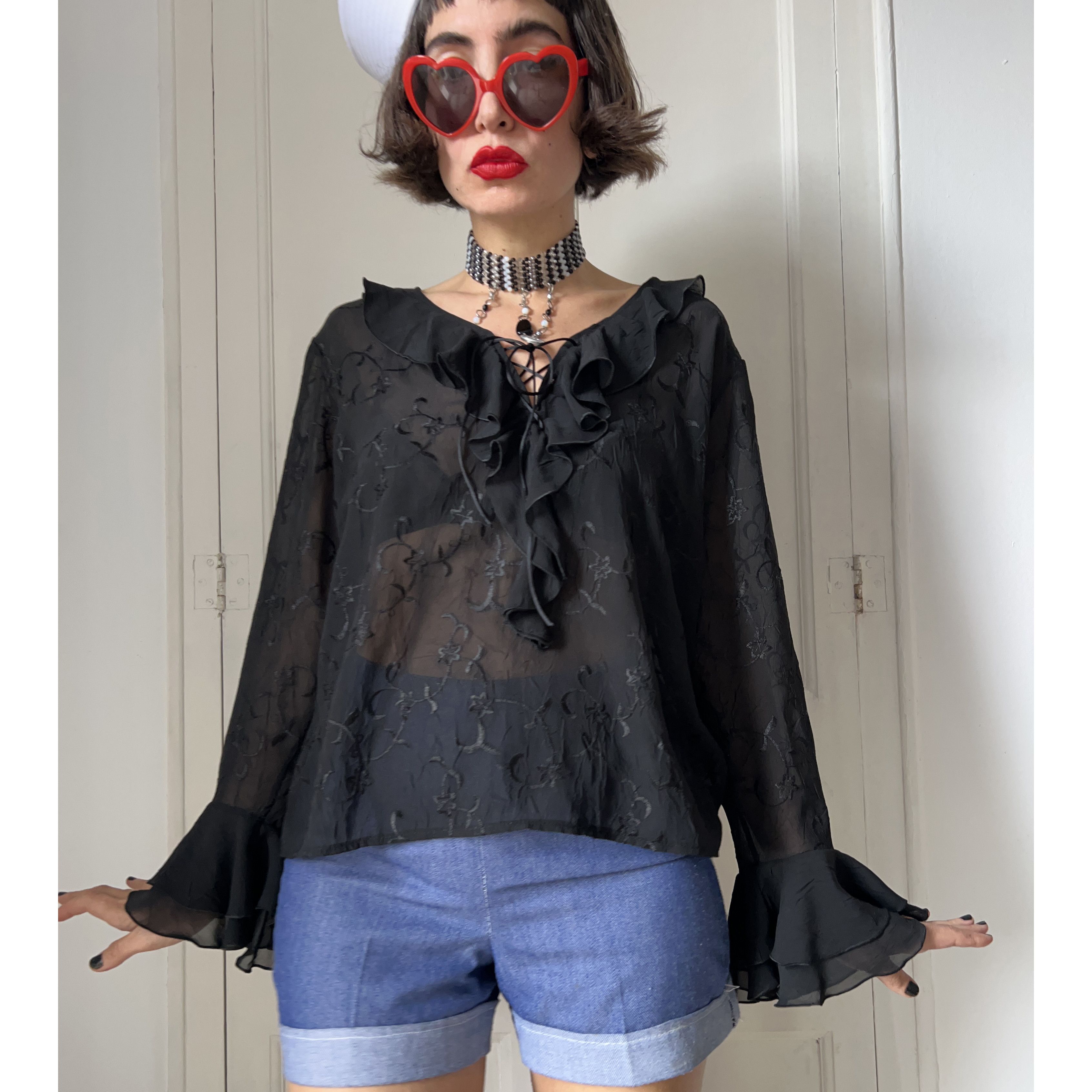 Vintage Vintage 90s Black Sheer Ruffle Poet Blouse Size XL / US 12-14 / IT 48-50 - 3 Thumbnail
