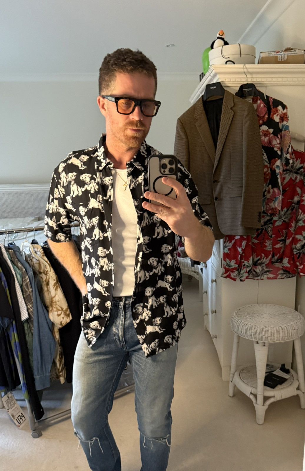 Celine SS22 Celine black white puppy Hawaiian shirt Hedi Slimane Size US S / EU 44-46 / 1 - 2 Thumbnail