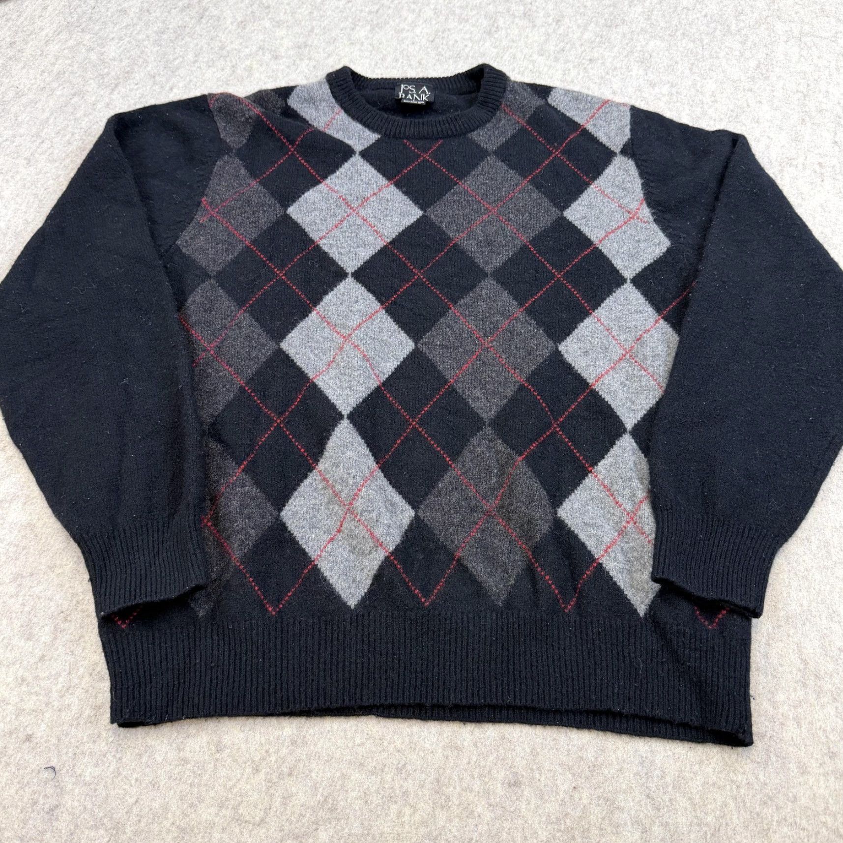 Jos. A. Bank Jos A Bank Sweater Mens Large Black Gray Argyle Lambswool Crewneck Pullover Size US L / EU 52-54 / 3 - 2 Thumbnail