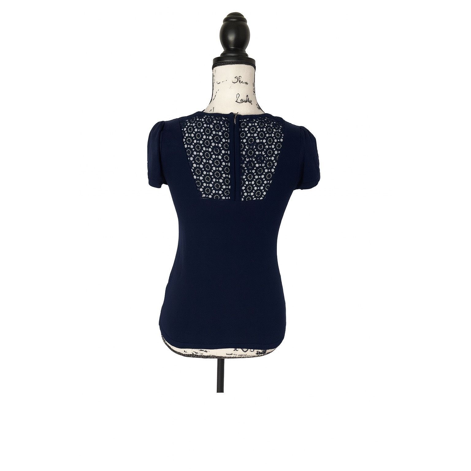 Marcs Marc’s Navy Blue Lace Neckline Top | Short Sleeve Viscose Te Size S / US 4 / IT 40 - 2 Thumbnail
