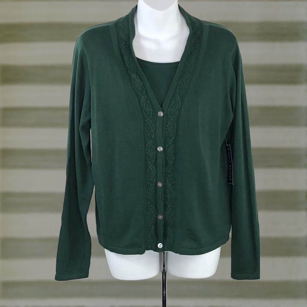 Vintage Karen Scott Sweater Womens PL Green NWT Cardigan Top Combo Crochet LongSleeve cottage Size L / US 10 / IT 46 - 1 Thumbnail
