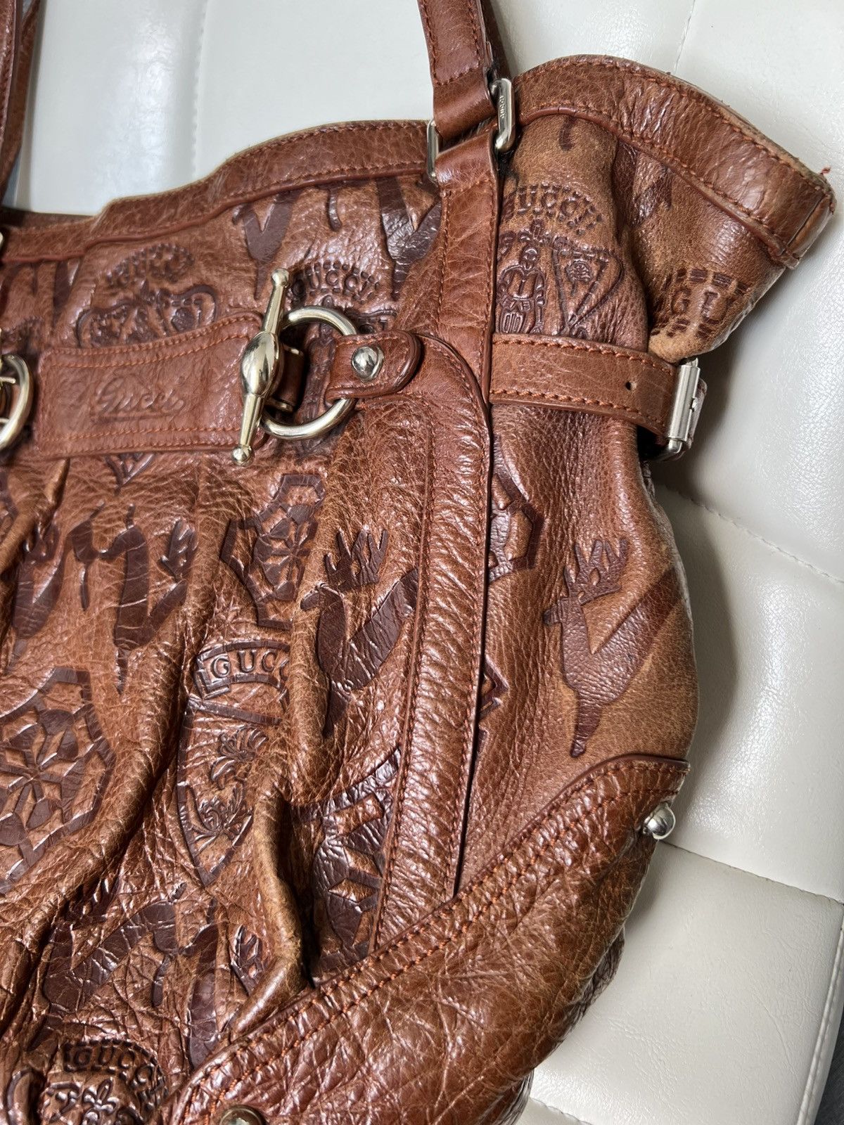 Gucci × Vintage Vintage Gucci Jockey Brown Embossed Leather Horsebit Bag Size ONE SIZE - 2 Thumbnail