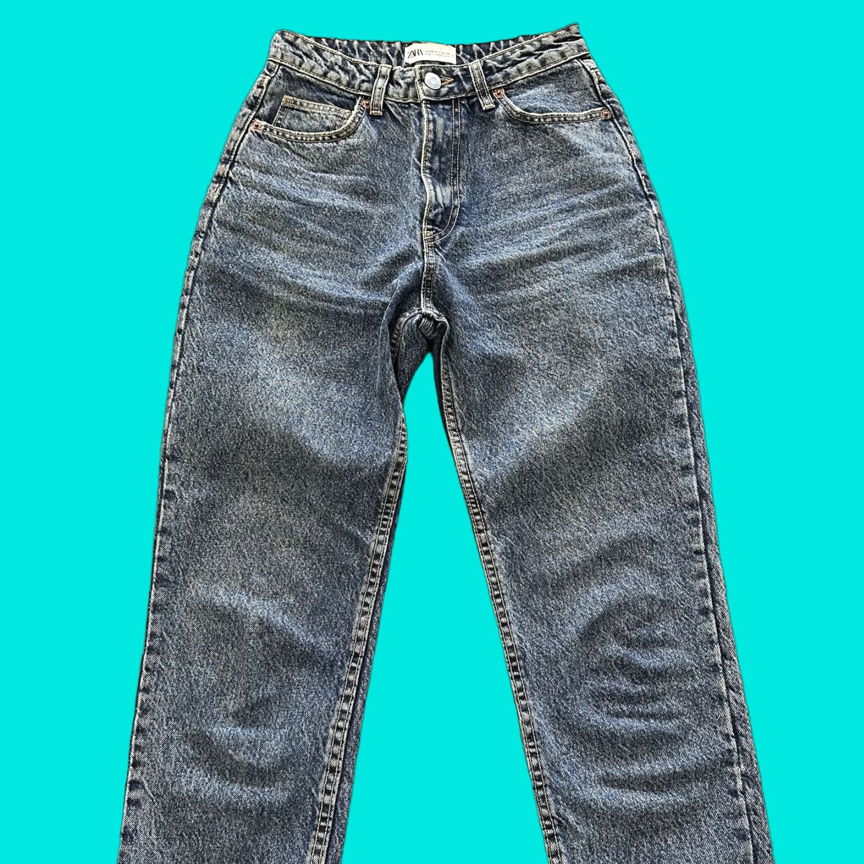 Zara Zara Jeans Womens 2 High Rise Mom Stone Wash Denim Relaxed Tapered Blue 5-Pocket Design Inseam 27 in XS? Size 42" / US 20 - 1 Thumbnail