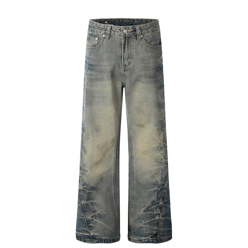 American-style distressed straight-leg flared jeans for men
