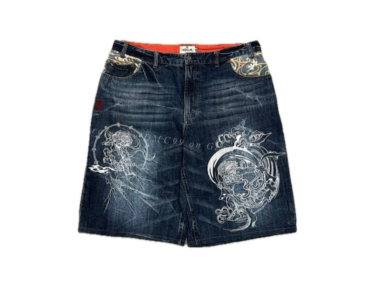 Vintage Vintage Karakuri Tamashii Fujin Raijin Denim Shorts Size US 38 / EU 54 - 1 Thumbnail