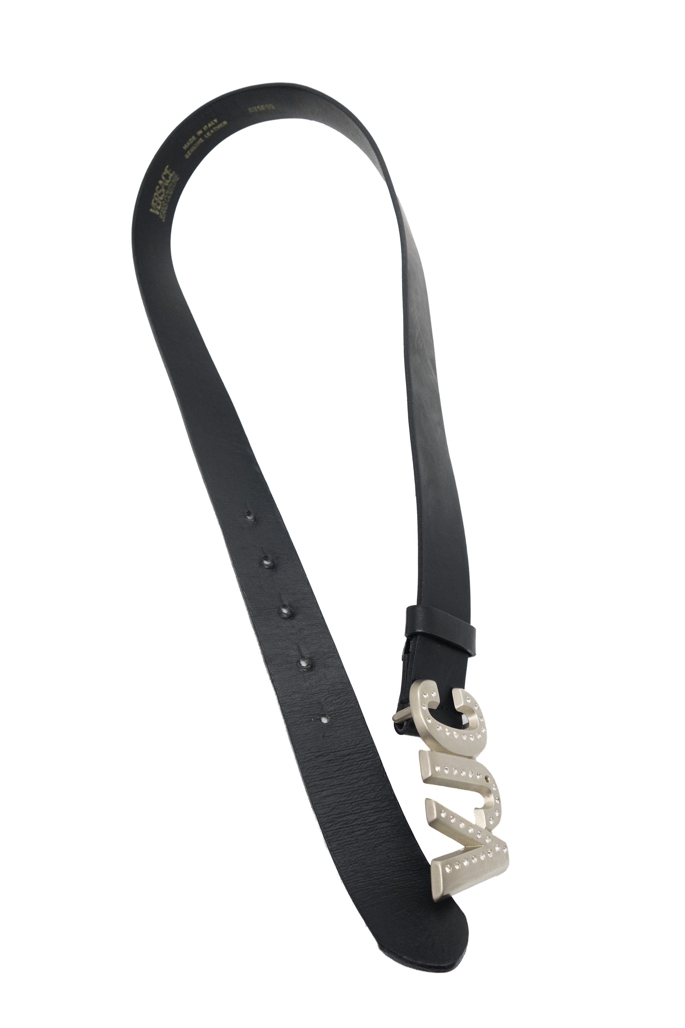 Versace Jeans Couture Y2K VJC Rhinestone Logo Silver Buckle Leather Belt 00s Size ONE SIZE - 3 Thumbnail